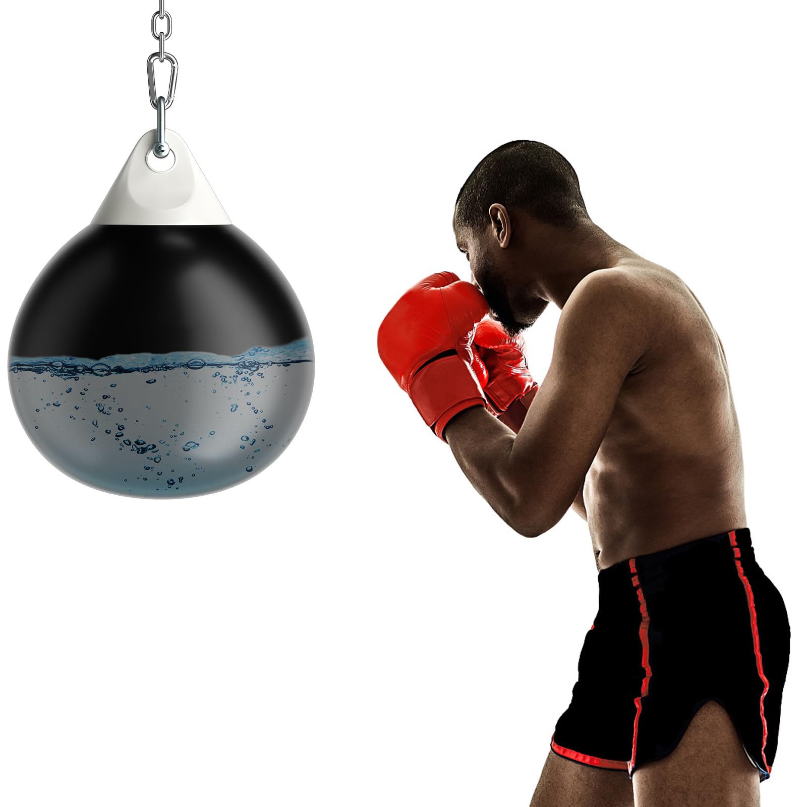 SPOTRAVEL 45cm/52cm Water Punch Bag, Water Training Bag with Adjustable Metal Chain, Insurance Buckles & Water Injection Hose, Aqua Boxing Bag for Adults kids (Black, 45 x 58cm)