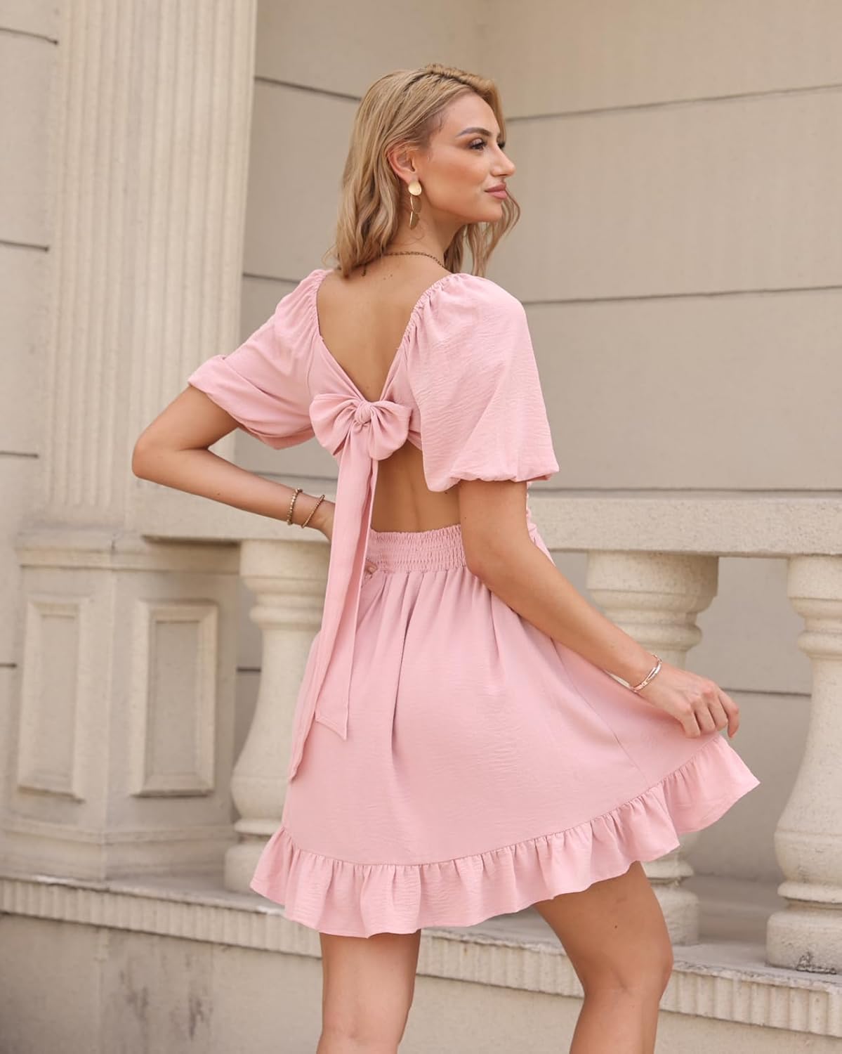 Fuinloth Womens Summer Sun Dresses Tied Back Puff Sleeve Square Neck Casual A-line Dress - Image 6