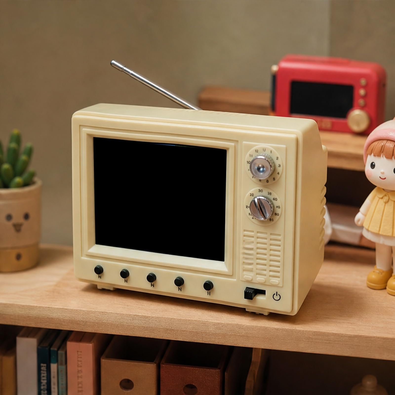 Mini TV a cartoni animati con film nostalgici Mini Retro TV ricaricabile Lettore di cartoni animati leggero tascabile per scene di casa delle bambole e decorazioni da collezione