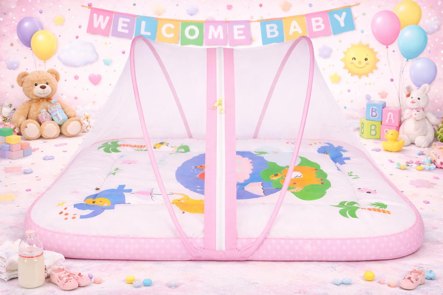 Kwitchy Baby Bed with Mosquito Net New Born Baby Bedding Set | Folding Bed | Toddler Mattress | Cotton | Gadda Set | Travel Beds | Boys & Girls | Gift Pack (0-6 M) (Pink) 2