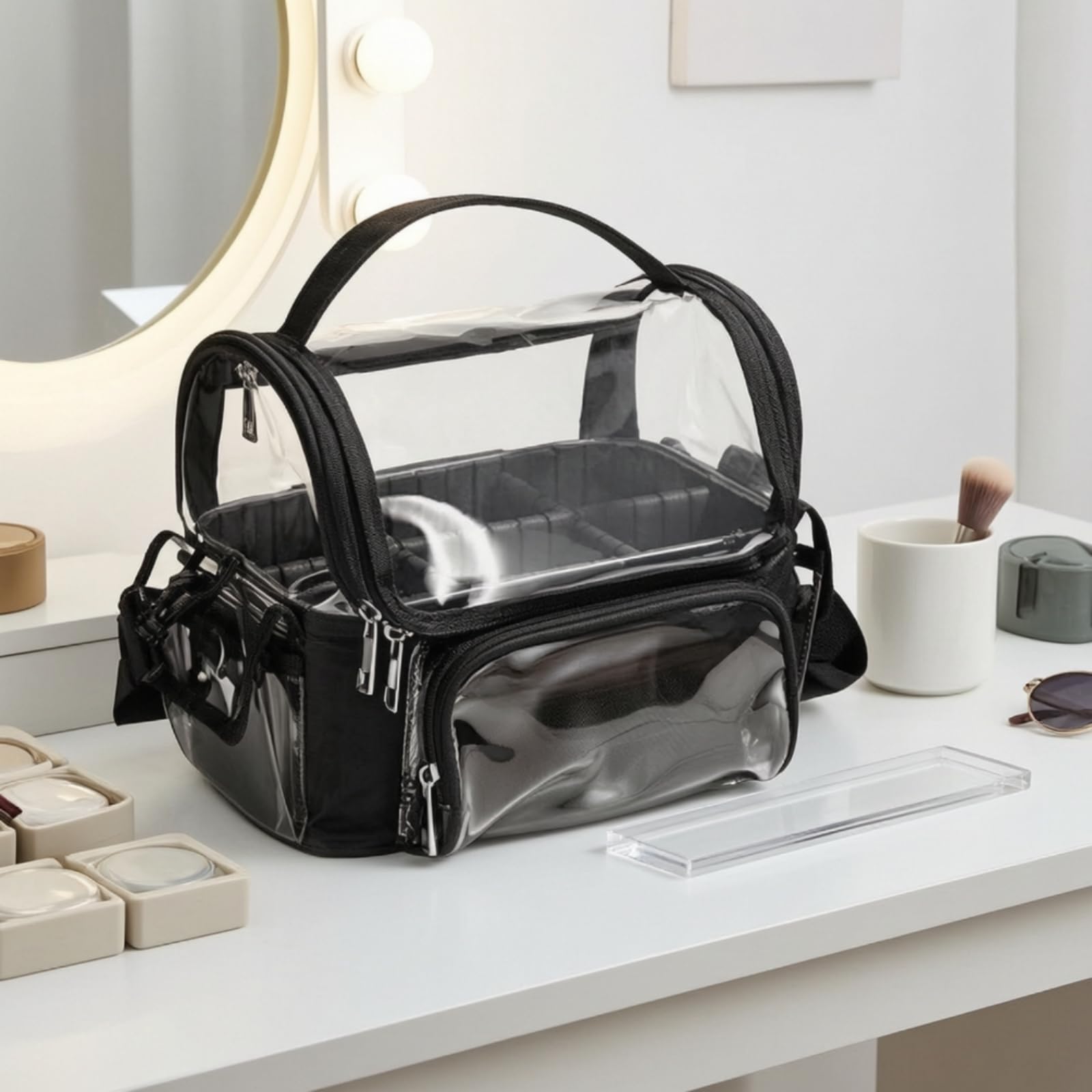 Trousse de Maquillage Organisateur Étui Cosmétique Pochette Transparente Sac de Toilette avec Poignée Confortable et Sangle Réglable pour Transport