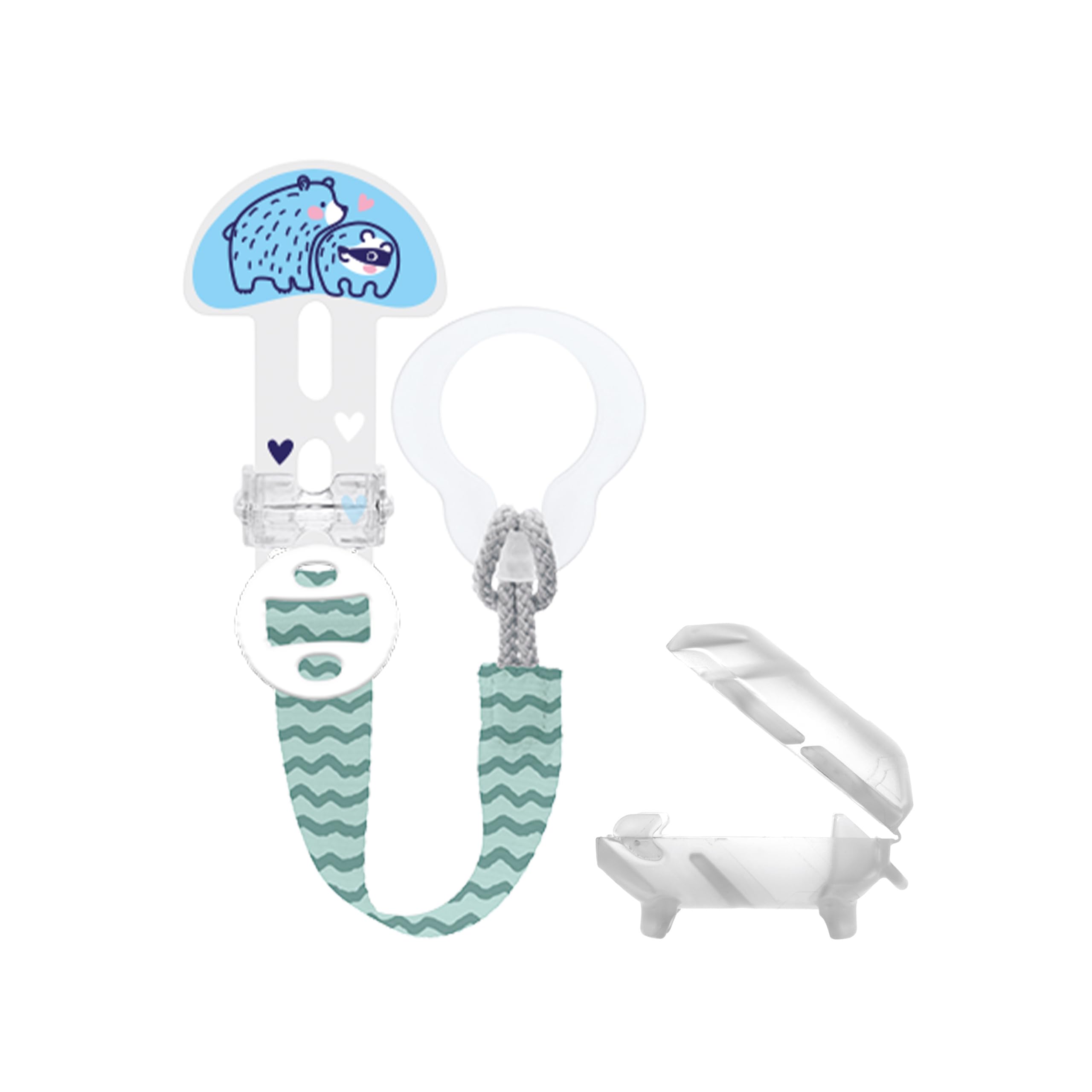 MAM Clip it! & Cover portaciuccio con protezione tettarella, supporto regolabile in lunghezza con anello rimovibile, adatto per ciuccio, massaggiagengive e giocattoli, orso