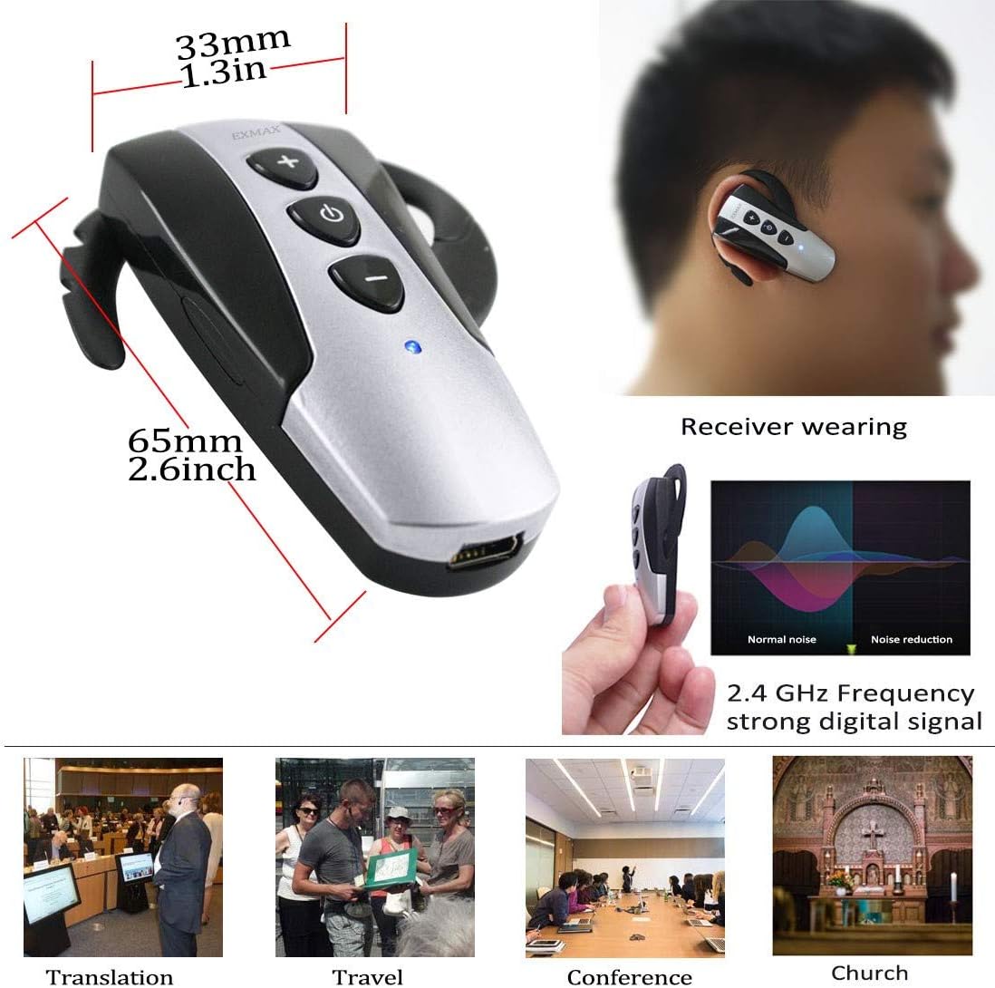 EXMAX 2.4G Portable Ear-Hook Receiver Aotumatically Match The Channel of Transmitter Lasting Work for 23 Hours for Factory Tour Guide Tourism Conference Simultaneous Interpretation-1 pcs Receiver