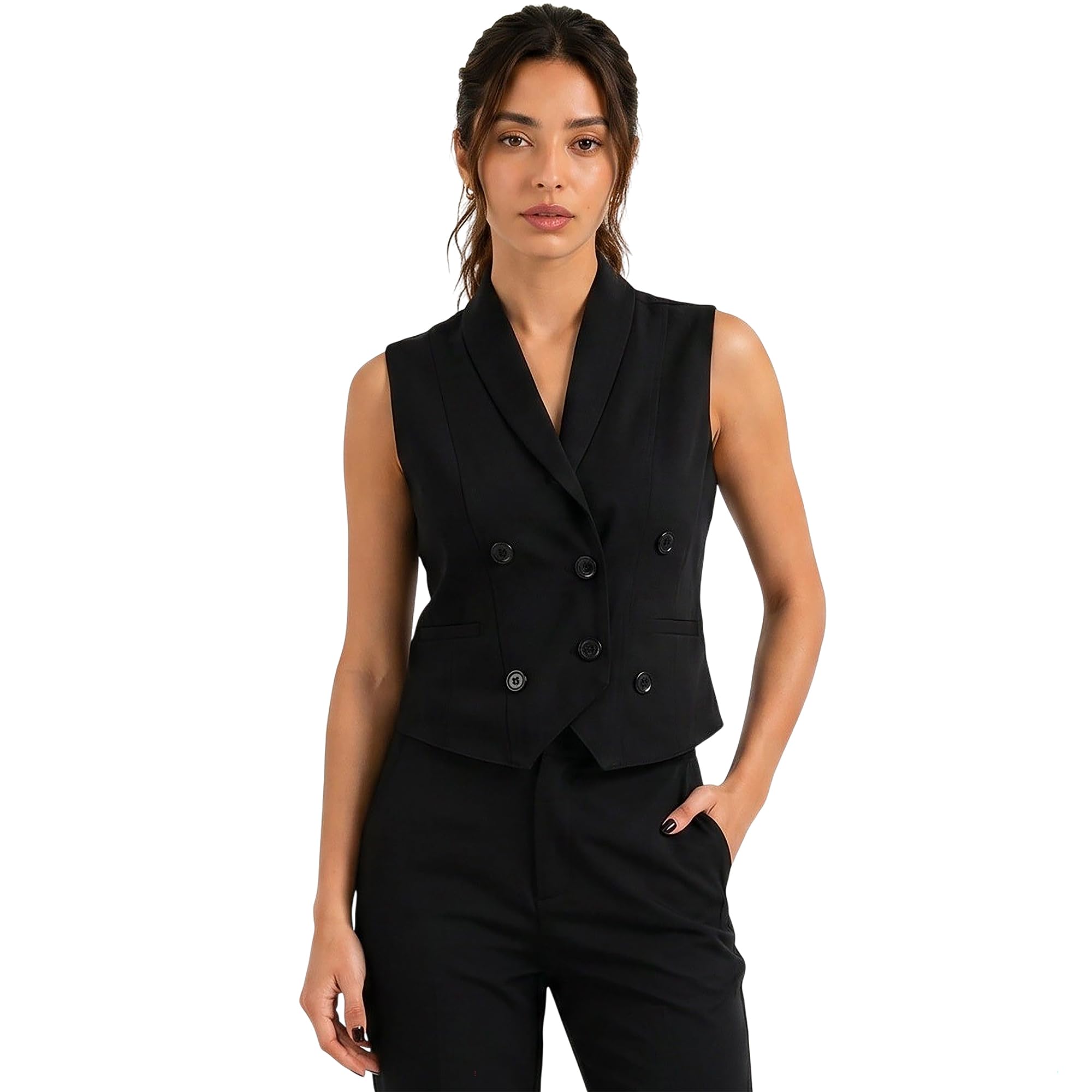 bossbella BOSSBELA Women Black Double-Breasted Formal Waistcoat | Sleeveless Cropped Office Vest | Power Dressing India-picture-24