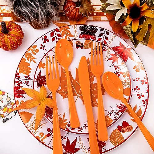 NOCCUR 180PCS Thanksgiving Plastic Silverware Disposable - Orange Plastic Cutlery Include 60 Forks, 60 Spoons, 60 Knives Ideal for Fall Party&Thanksgiving — view 4