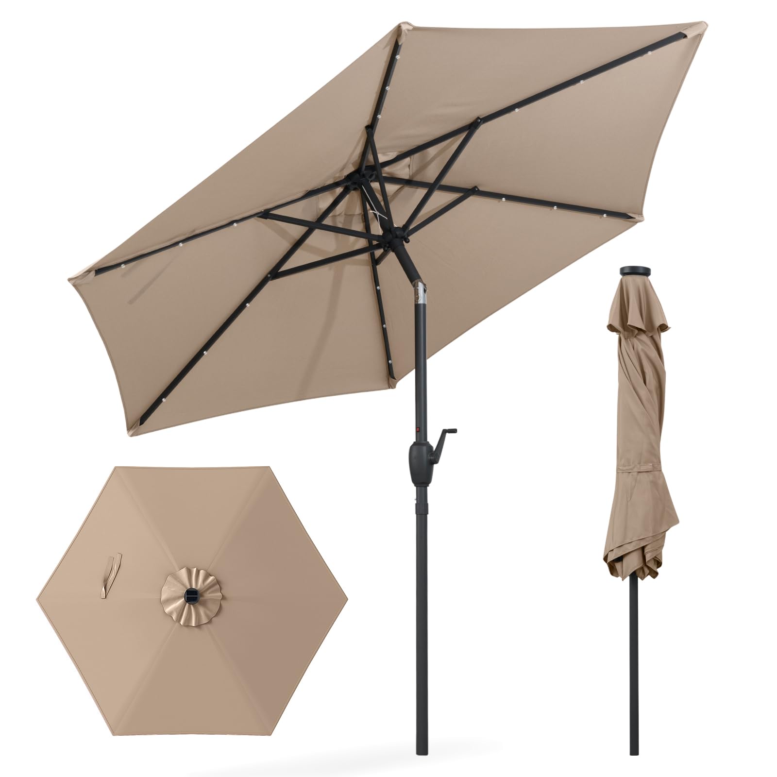 GYMAX Ombrellone da Giardino 2,3 M con Luci, Pannello Solare, 6 Stecche, Manovella e Palo in Metallo Resistente, Ombrelloni Regolabile 35° per Esterni per Spiaggia Mare Terrazzo Patio