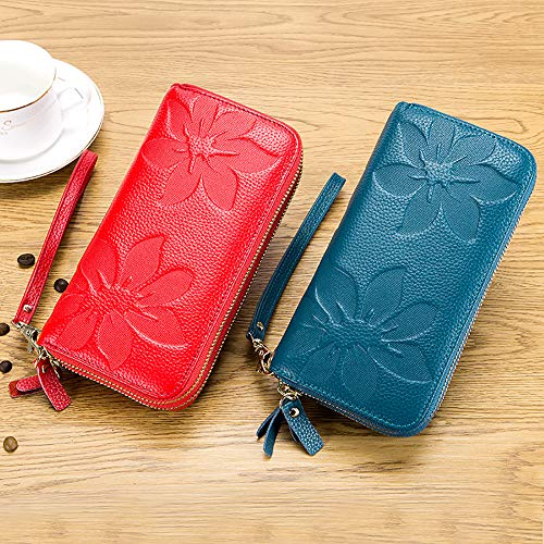 Rfid Blocking Women’s Leather Wallet, Double Zipper Smartphone Pocket, Embossed Flower With Credit Card Holder, Cash Slots Large Capacity Clutch Wristlet ( Teal Blue ) #TOP3