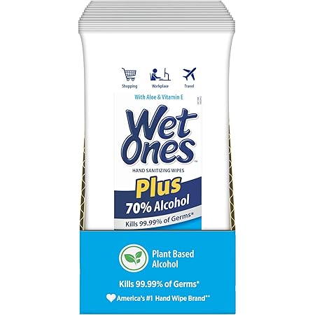 Wet Ones 70% Alcohol Hand Sanitizing Wipes, Kills 99.99% of Germs, 20 Count (Pack of 10)