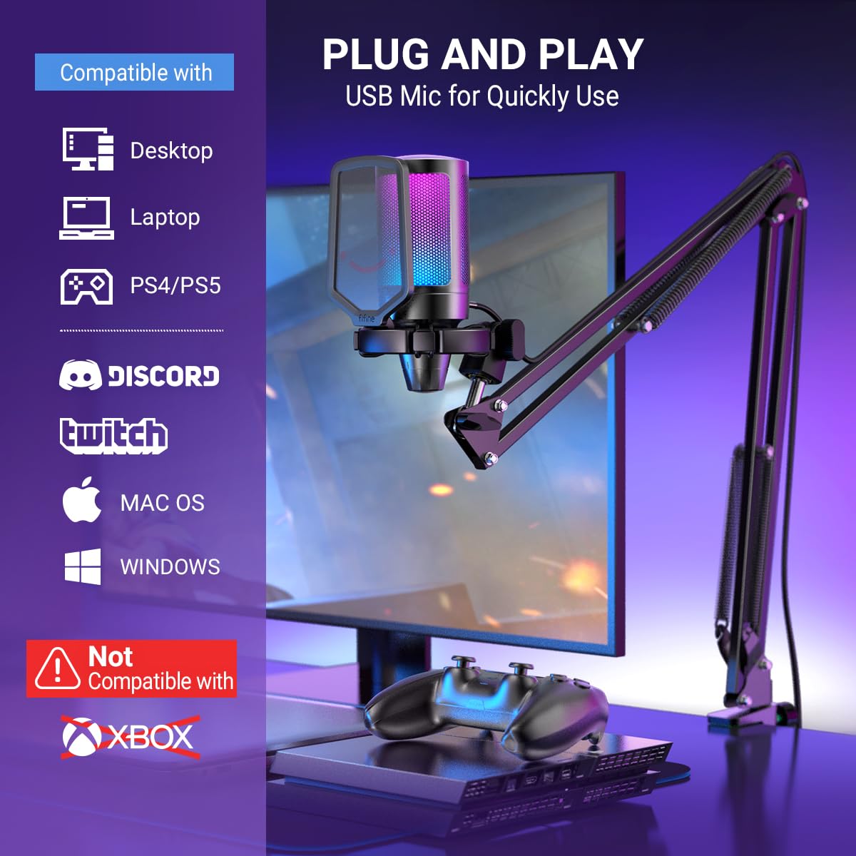 FIFINE Microfono USB per PC da gioco, microfono a condensatore podcast con braccio a braccio, filtro pop, pulsante mute per streaming, Twitch, chat online, microfono RGB per computer per PC Gamer