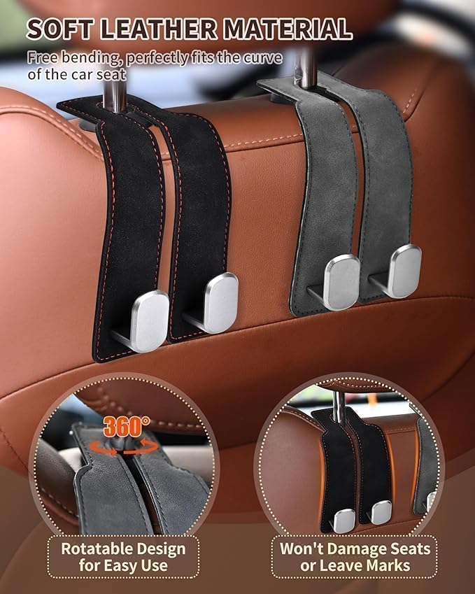 Image of Car Hooks for Headrest, 2Pcs Seat Back Storage Hook Luxurious Leather Multifunctional Car Hanger & Holder for Heatrest, Seat, Bag, Purse Black (Pack of 2)