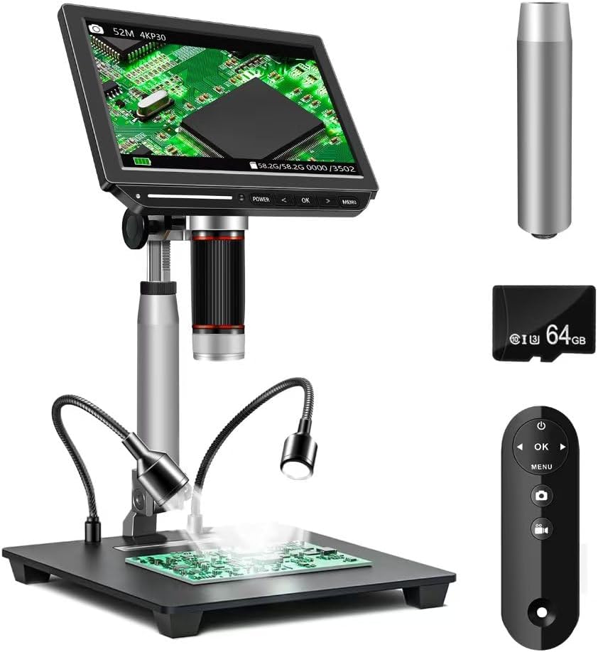 4K Digital Microscope,8" Coin Microscope with 52MP Camera Sensor,2000X Magnification,3840P UHD Video Microsocpe,Ideal for Soldering, Electronics Repair and Coin Viewing with 64GB Memory Card