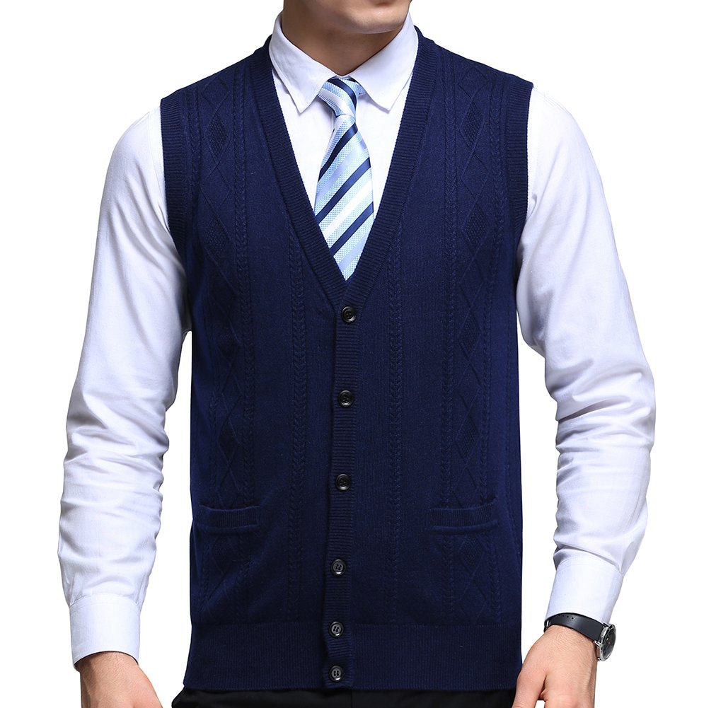 Fulier Men's Navy Wool V-Neck Gilet Sleeveless Vest Waistcoat Casual Gentleman Knitwear Cardigans Knitted Sweater Tank Tops (M, )