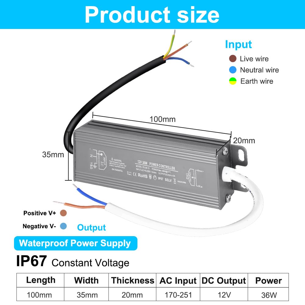 OFFCUP Zasilacz 12 V 36 W 3 A Transformator IP67 Sterownik LED AC 170-250 V do DC 12 V Cienkie transformatory LED stały bez migotania