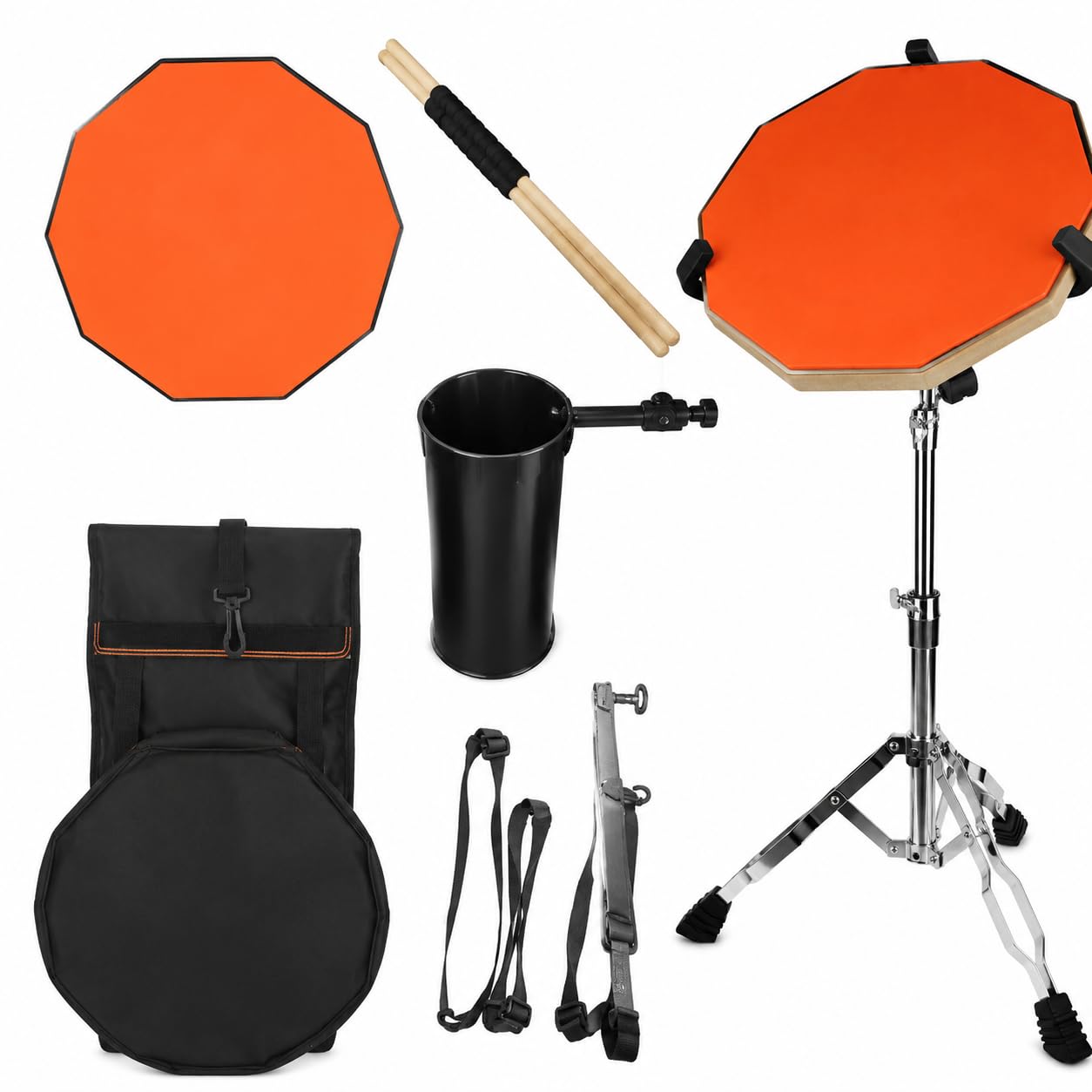 Caja Sorda para Percusión - Almohadilla Práctica Silenciosa con Baquetas y Soporte para Bateristas Principiantes - para Ensayos, Naranja