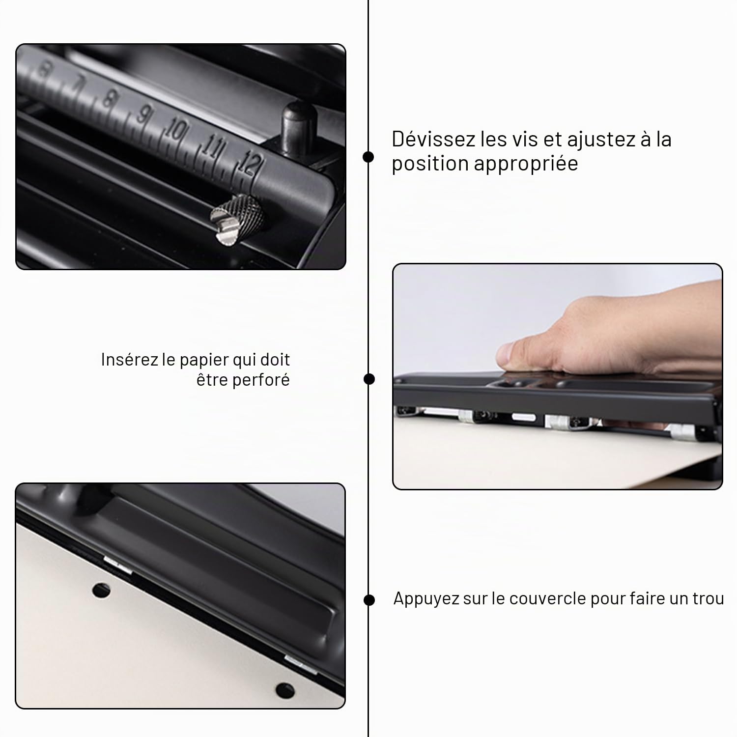 Noir Perforateur Réglable 4 Trous, Adapté à Différents Types de Papier - Reliure Pratique