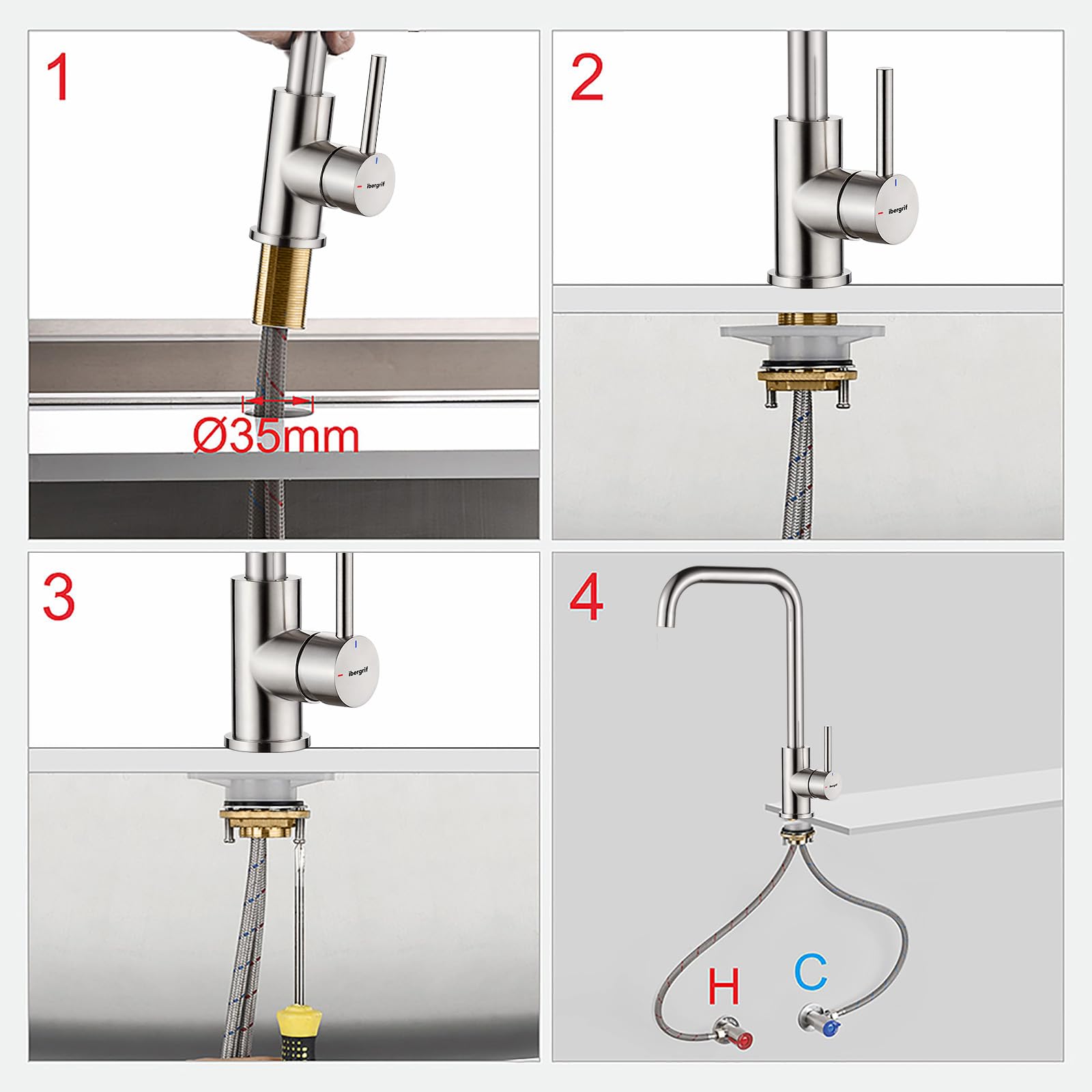 Ibergrif Grifo de Cocina Giratorio 360° Monomando, Aireador ABS Extraíble, Cartucho Cerámico, Sin Plomo, para Fregadero 1 y 2 Senos, Acero Inoxidable Cepillado-M22105A