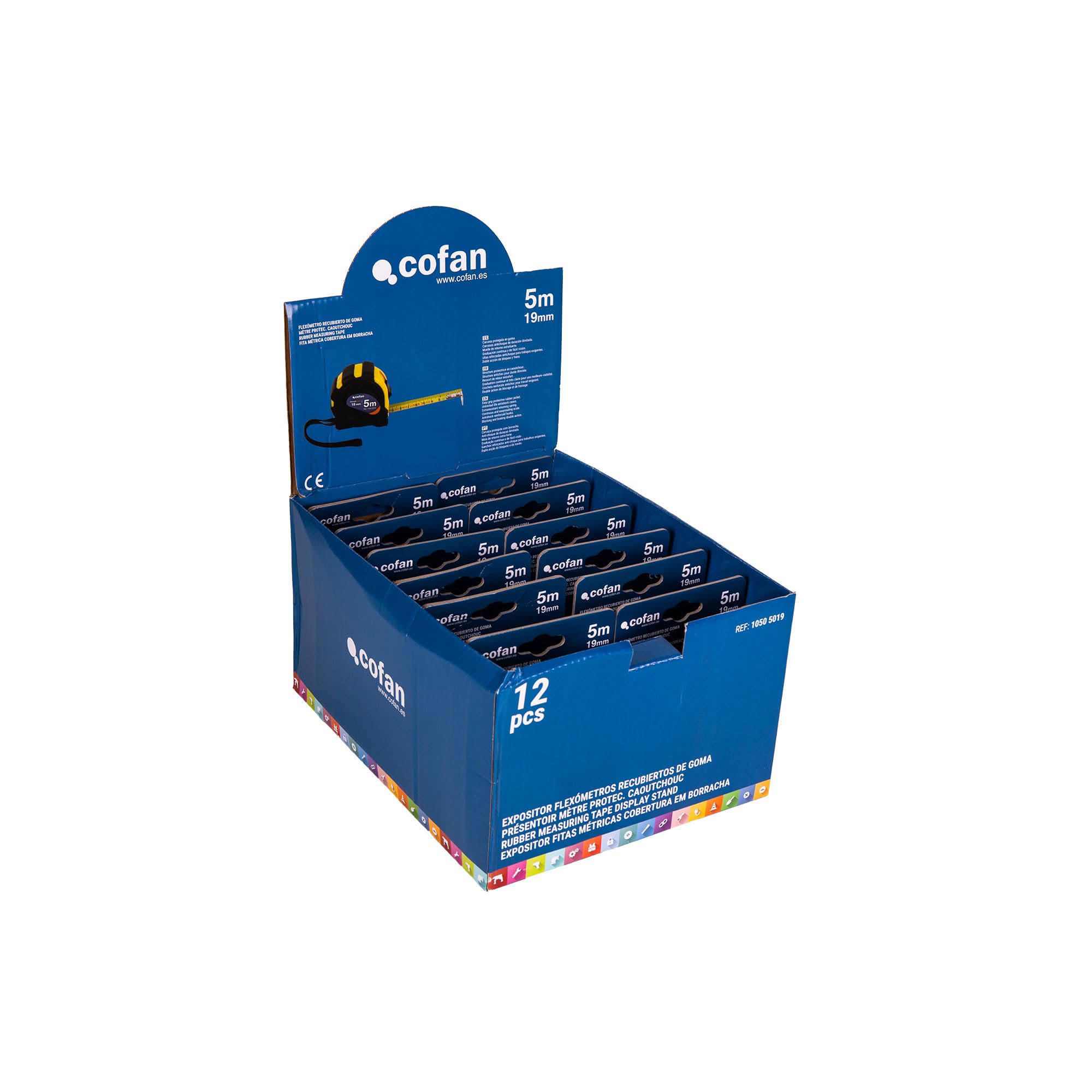 Cofan Espositore per Flexometri con protezione in gomma di Cofan | Include 12 flessometri | Flexometro 3 m x 19 mm o 5 m x 19 mm (foglio) (12, 5 m x 19 mm)