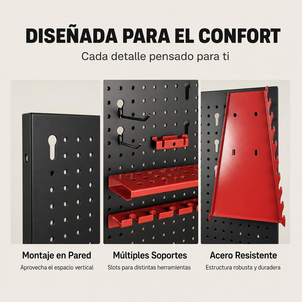 Panel Perforado de Pared para Herramientas – Set de 3 Tableros Metálicos con Accesorios: Ganchos, Soporte para Llaves, Estantes para Brocas, Soporte para Destornilladores y Herrajes de Montaje