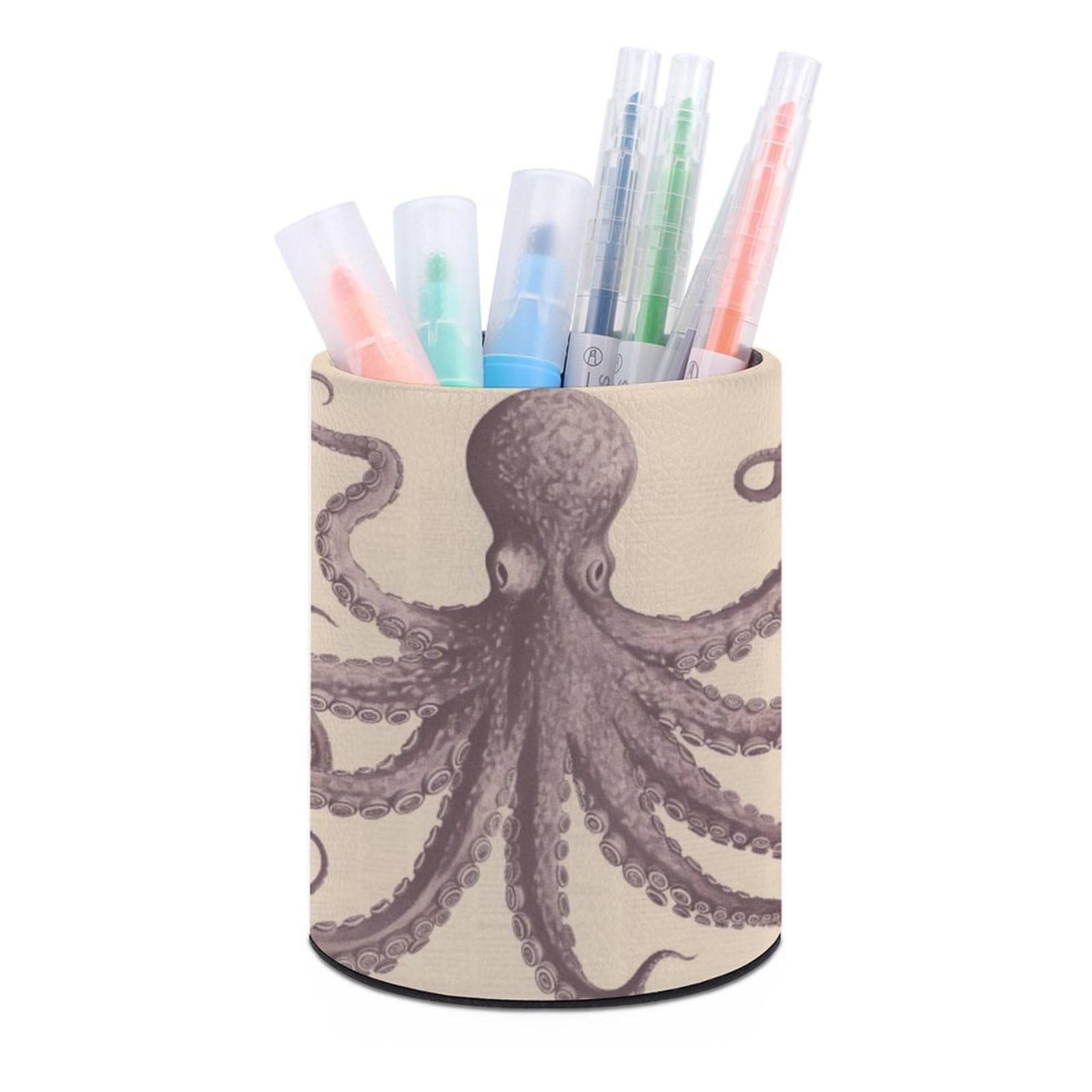 VstaDank Vintage Octopus Pen Holder PU Leather Pencil Cup Minimalist Desk Pencil Holder Round Make Up Brush Organizers For Office Dorm Room&Vanity Desk Accessories