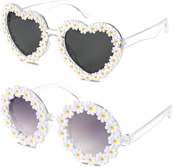 2Pcs Flower Kids Sunglasses Girls, Pink Round Heart Flower Girl Sunglasses for Wedding Beach Birthday Party