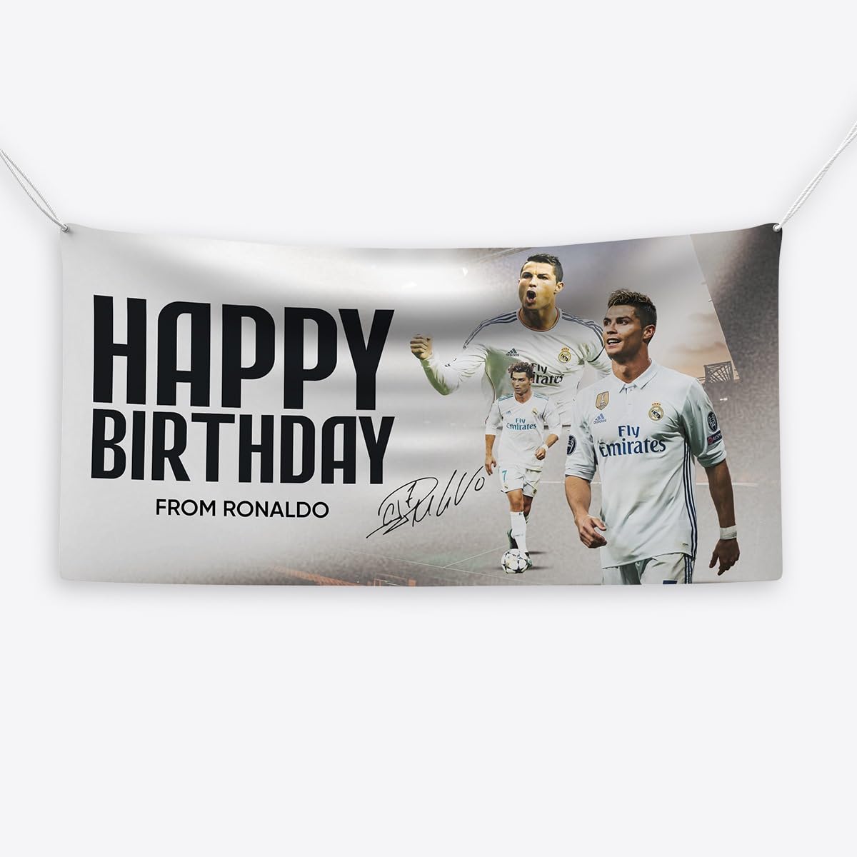 ZAFS Personalized Cristiano Ronaldo Real Madrid Birthday Banner – Custom Sizes for Football Fans & Themed Parties (Real Madrid)