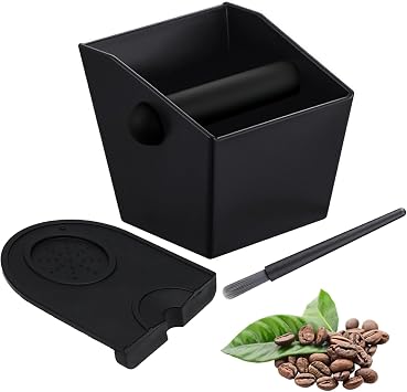 Espresso Knock Box Set,Square Coffee Grounds Knock Box with Non-Slip Base