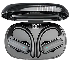 Fone de Ouvido Esportivo Bluetooth 5.3 com Gancho de Orelha, Headset Sem Fio Intra-Auricular à Prova D'água IPX5, Tela LED, Microfone HD e Bateria de Longa Duração para Corrida