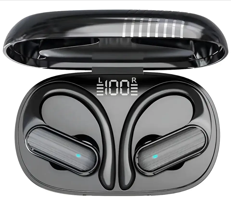 Fone de Ouvido Esportivo Bluetooth 5.3 com Gancho de Orelha, Headset Sem Fio Intra-Auricular à Prova D'água IPX5, Tela LED, Microfone HD e Bateria de Longa Duração para Corrida