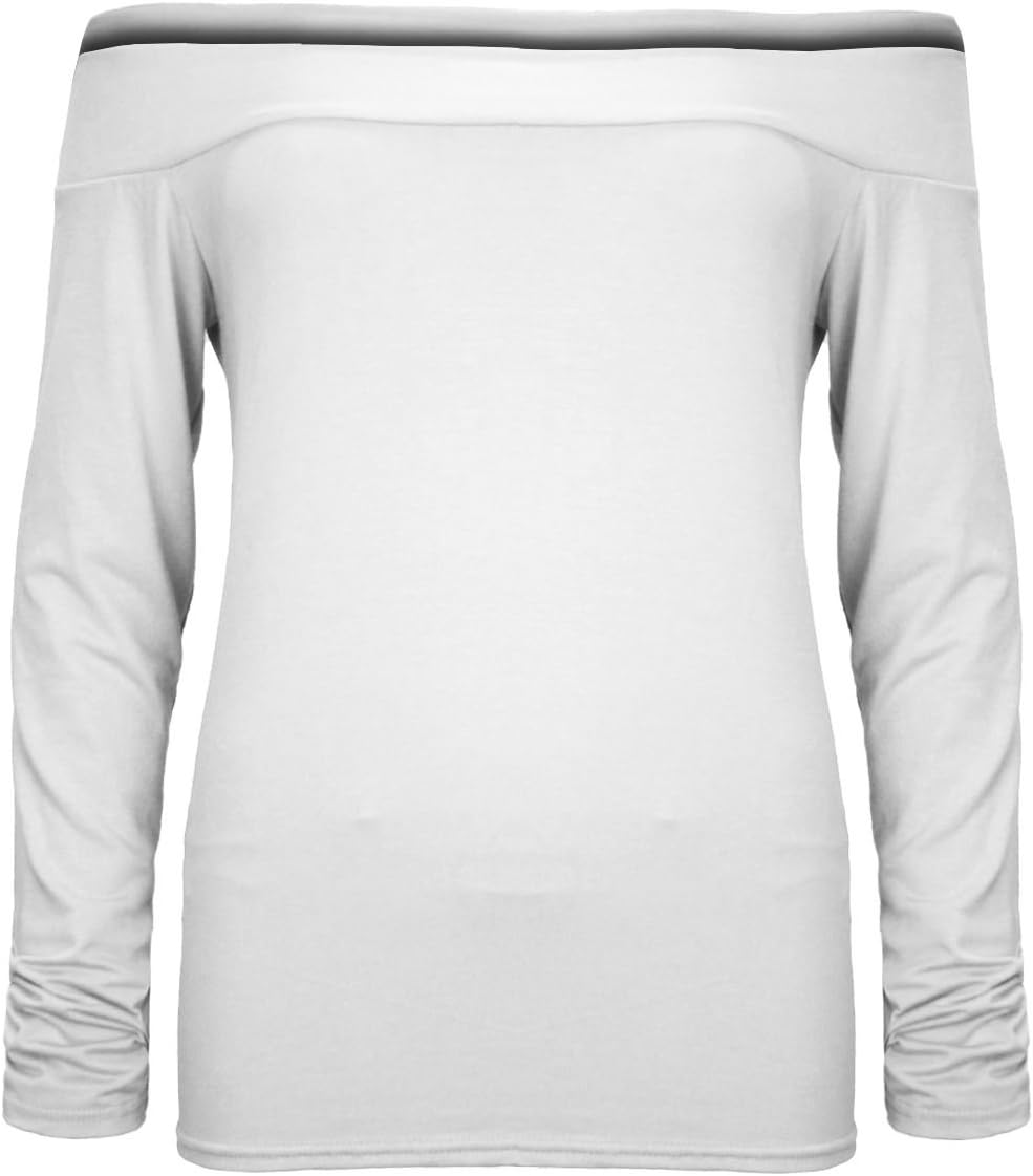 Fashion Star Womens Off The Shoulder Bardot Long Sleeves Casual Party Stretchy Blouse Tee T Shirt Top Plus Sizes UK 8-22