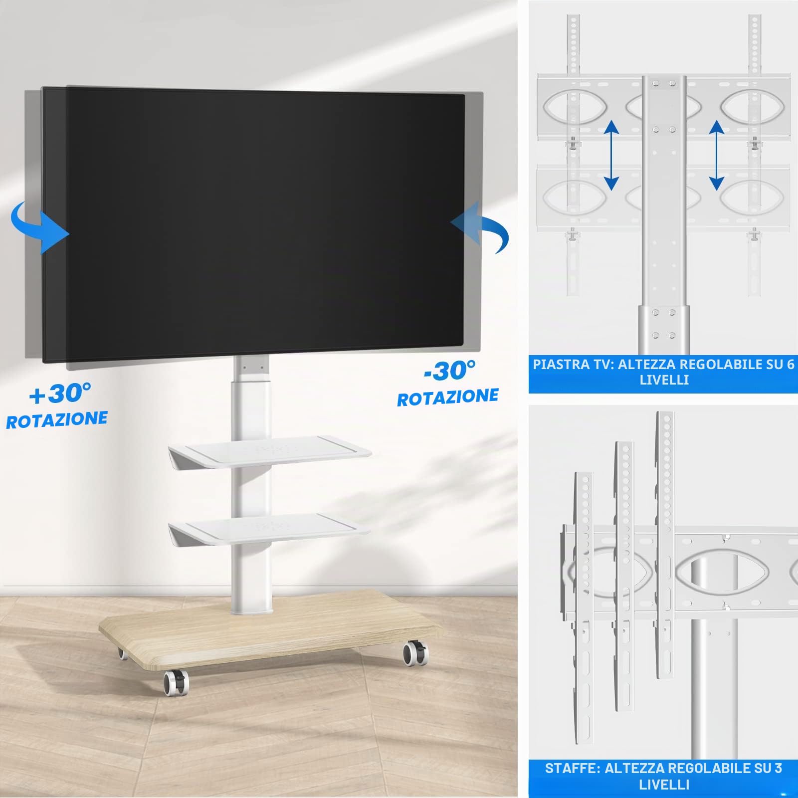 RFIVER Supporto TV da Pavimento Per TV da 26-65 Pollici LCD/LED/Plasma, Carrello Porta TV con Ruote Regolabile in Altezza Porta TV da Terra con 3 Ripiani Fino a 35kg, Max. VESA 400x400mm, Bianco