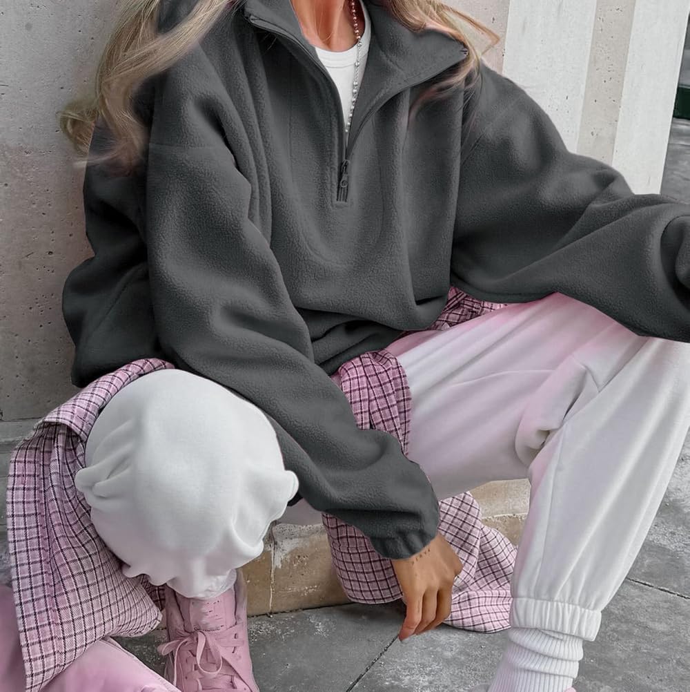 [FXVZVFEZ] 女性用スウェットシャツ ゆったりフィット カジュアル 半袖ジップ 長袖 暖かいリブカフス 裾 秋のファッション