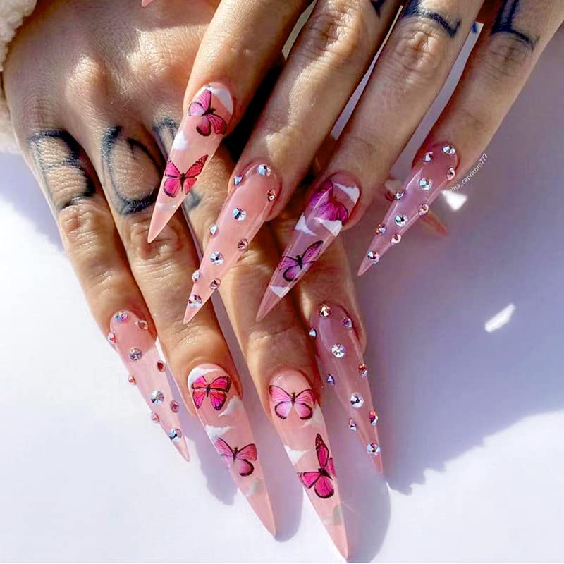QINGGE Butterfly Press on Nails Long Stiletto Fake Nails Glossy Rhinstone Glue on Nails with Design Pink False Nails Tips White Cloud Stick on Nails Ballerina Static Acrylic Nails for Women 24Pcs