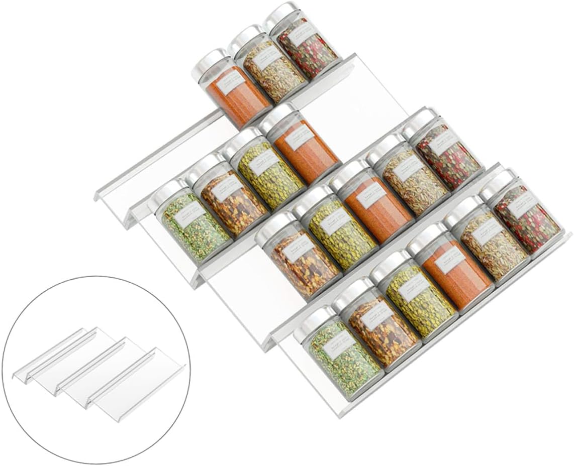 NUOBESTY Expandable Acrylic Spice Rack Drawer Organizer, Kitchen Seasoning Bottle Storage Shelf for Countertop and Cabinet, Plastic Spice Bottle Holder for Pantry and Cooking Tools