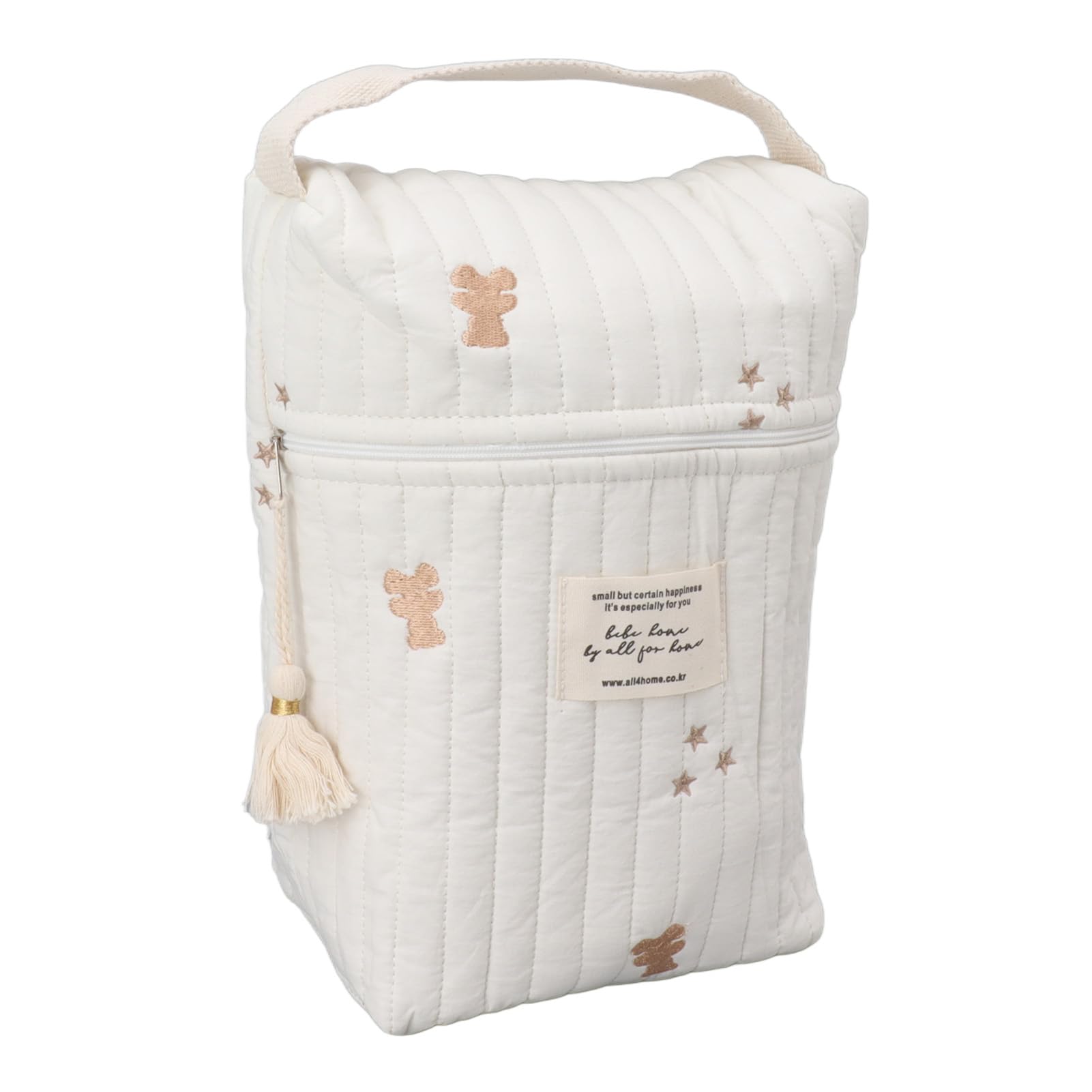 Sonew Cute Bear Embroidered Quilted Cotton Diaper Bag Small Nappy Sack with Zipper for Stroller Bottles Wipes Functional Design