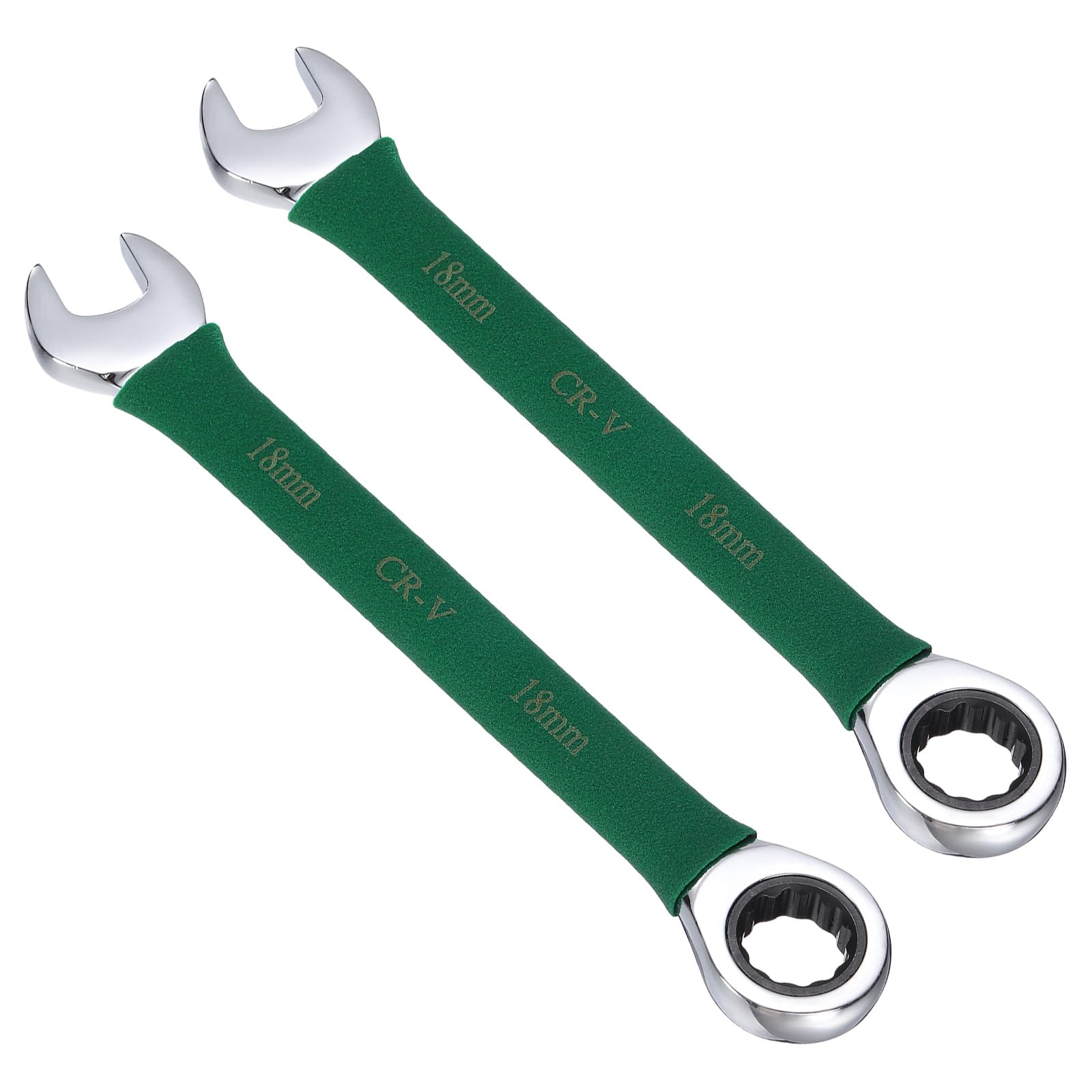 sourcing map 2Pcs Ratcheting Combination Wrench 18mm Stubby Wrench Metric Steel Double 12-Point Box Open-Ended Ratchet Spanner Tool for Household Garage Workshop Auto Repairs, Green