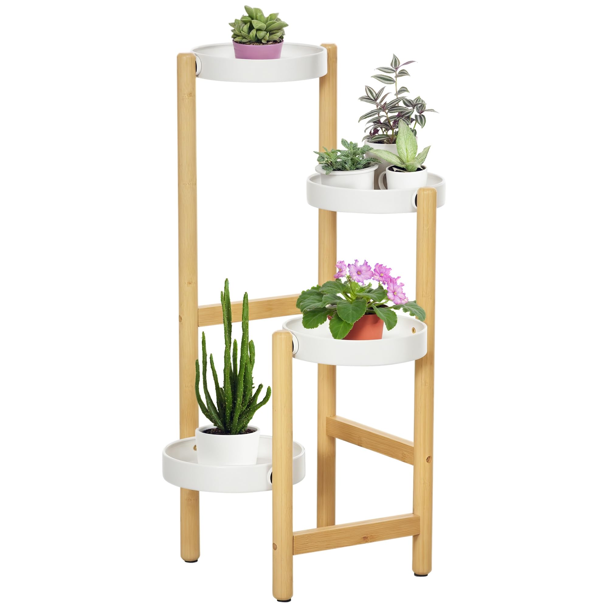 Outsunny Support pour plantes piédestal 4 niveaux 28 x 28 x 80 cm Blanc | Étagère à Fleurs, Étagères Rondes, Bambou et Métal, pour Extérieur Intérieur