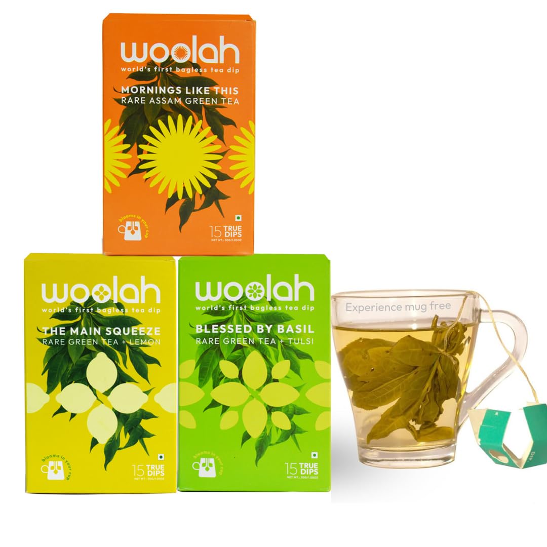 Woolah Combo Pack of 3 - Rare Assam Green Tea, Lemon Green Tea, Tulsi Green Tea (45 dips|90 cups) (Free Glass Mug) - 100% PLASTIC FREE,Whole Leaf Tea, High EGCG anti-oxidants for WEIGHT MANAGEMENT (B0D49W59WD) Amazon Price History, Amazon Price Tracker