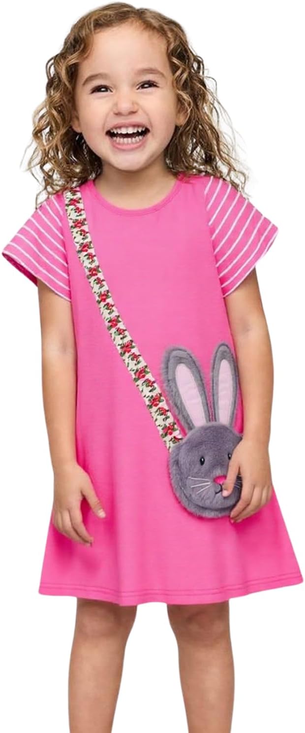 HILEELANG Toddler Girl Short Sleeve Dress Cotton Casual Jersey Shirt Playwear Applique Dress