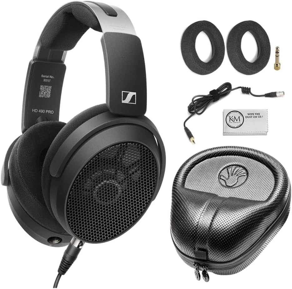 Sennheiser HD 490 PRO Professional Reference Open-Back Studio Headphones Bundled with Headphone Case + Cleaning Cloth (3 Items)