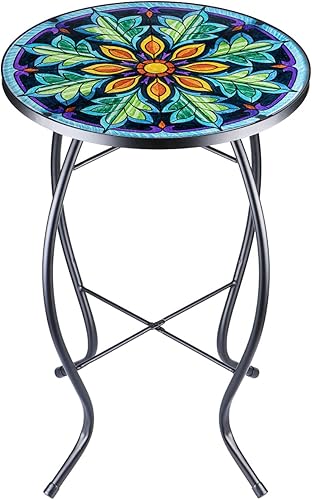 Miniatura 18 de VCUTEKA Mesa auxiliar de mosaico para patio, mesa de centro al aire libre, mesa de centro bistró, mesa auxiliar para plantas, mesa de porche