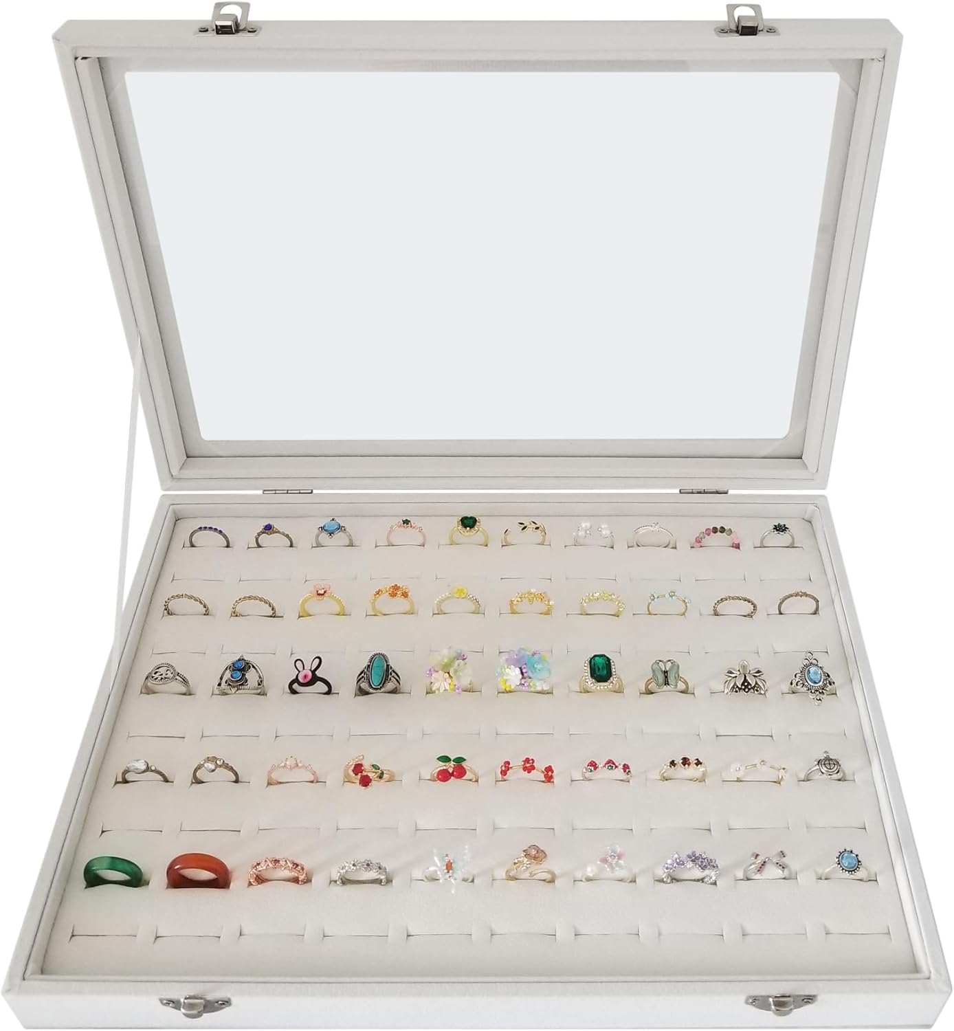 100-Slot Ring Organizer Box with Dust-Proof Transparent Glass Lid, Women Large Jewelry Box for Ring Storage, Display & Protection(Beige)
