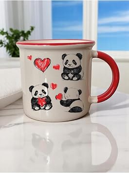Kalpli Panda Baskılı 3'lü Ağzı Kırmızı Seramik Kupa Bardak Kahve Bardağı Bej, LH8749t63092531412323