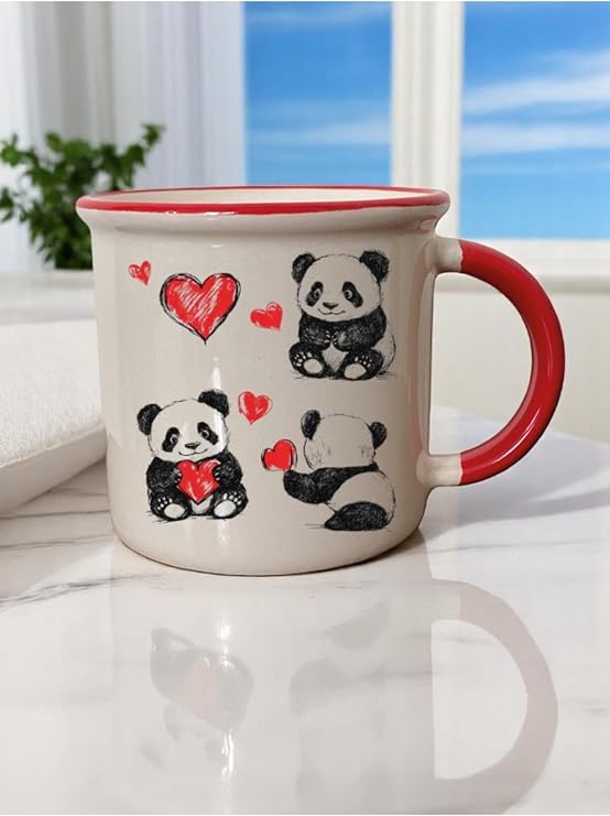 Kalpli Panda Baskılı 3'lü Ağzı Kırmızı Seramik Kupa Bardak Kahve Bardağı Bej, LH8749t63092531412323