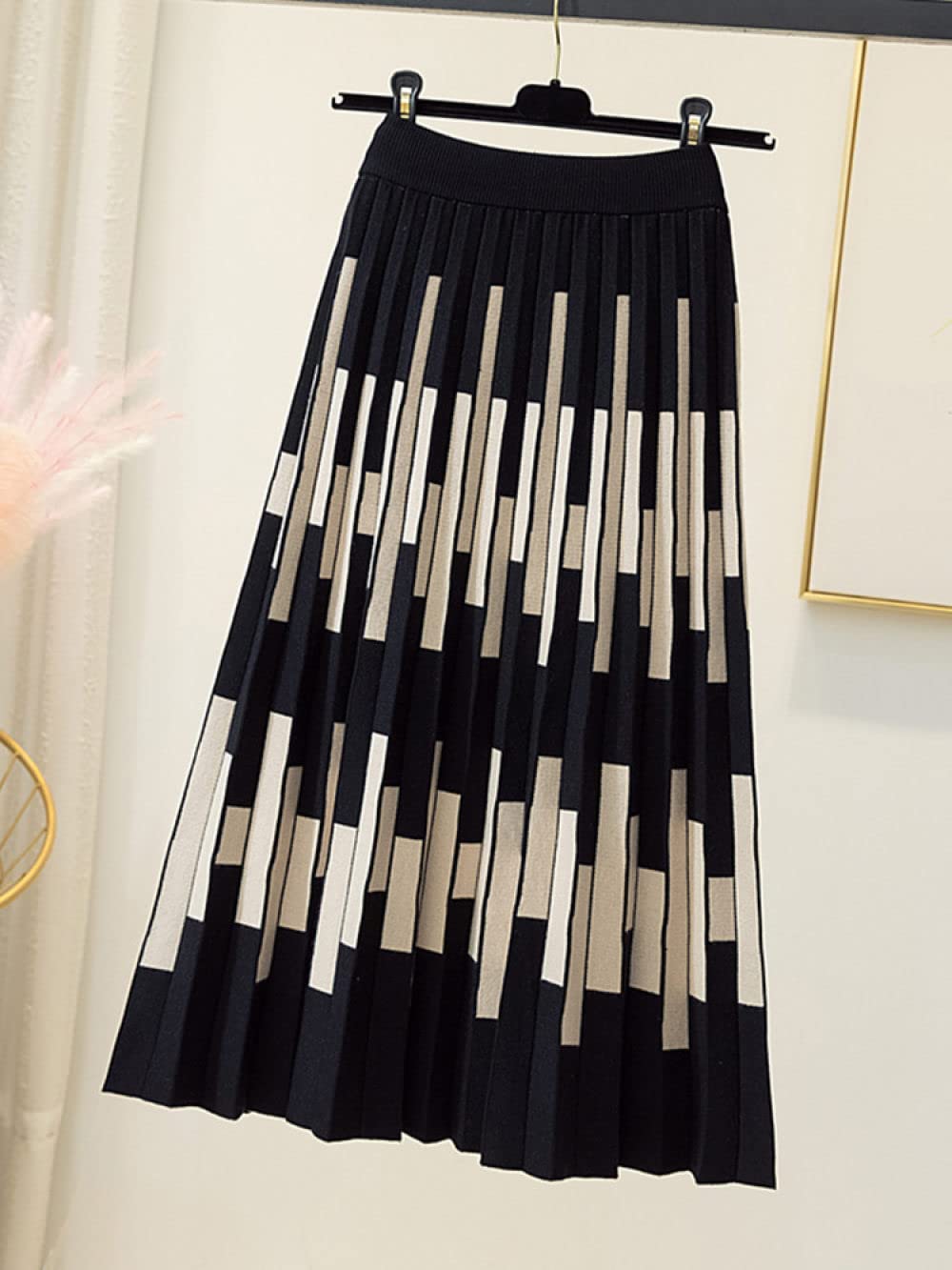 Faldas para Mujer Longitud Mediana, Falda De Punto A Rayas Faldas Plisadas Negras para Mujer Cintura Elástica Midi Falda Elegante De Talle Alto De Línea A Falda
