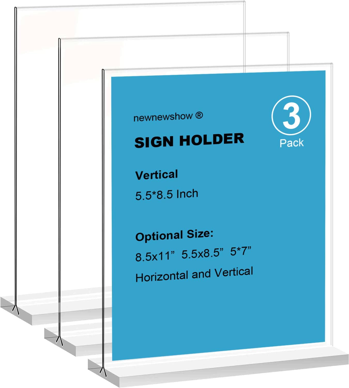newnewshow Acrylic Sign Holder 5.5x8.5 Inch 3 Pack Vertical T Shape Double-Sided Desktop Display Holder. (Optional 8.5x11 8.5x5.5 5x7 Horizontal and Vertical) (3 Pack 5.5*8.5) Thumbnail