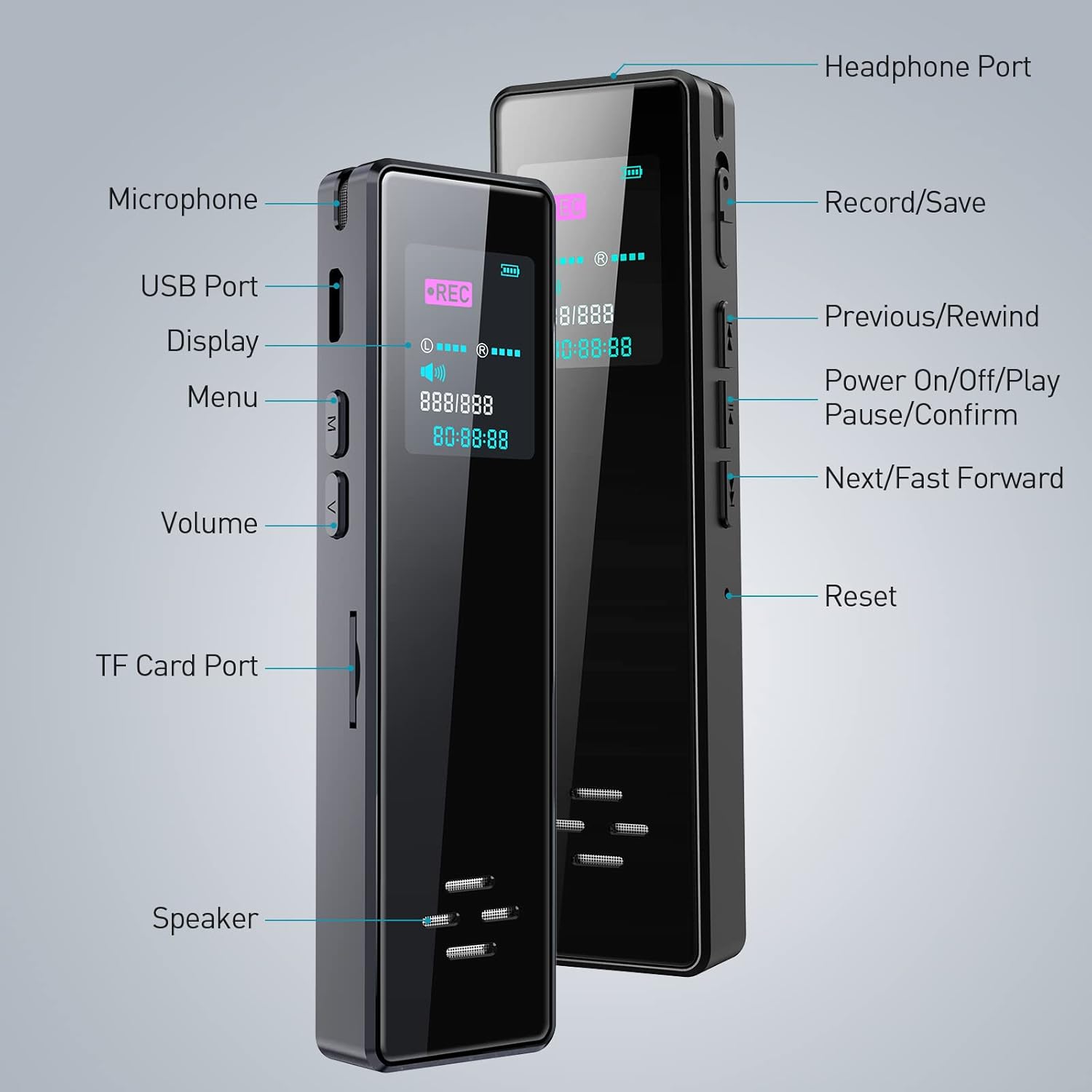Diagram of the voice recorder with all ports and buttons labeled.