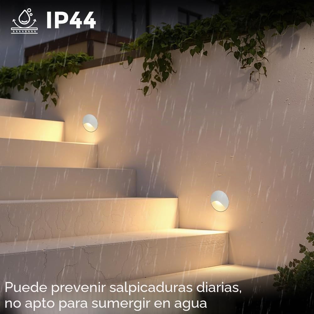 iluminacion escalera 3W Blanco cálido, Luces Empotrables luz led escaleras, 60mm, aluminio, redondas, 230V, 3W, Apliques de pared de Luces de escalera IP44, Blanco, Juego de 8 lámparas