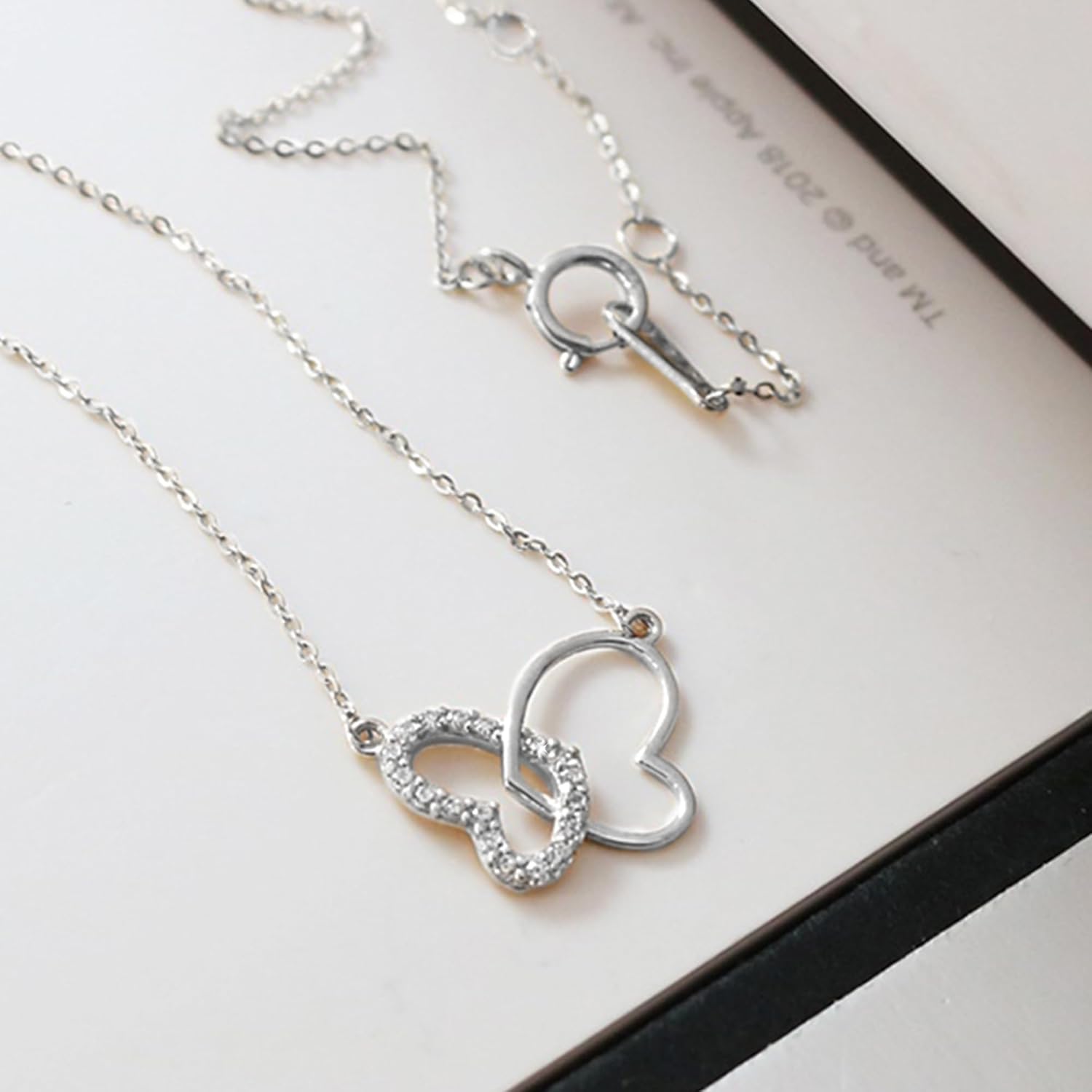 14K Gold Plated Dainty Butterfly Heart Necklace for Women, 925 Sterling Silver White Cubic Zirconia Double Love Heart Interlocking Pendant Necklace to Daughter Mother Hypoallergenic Spring Jewelry Gifts for Her Wedding Mothers Day - Image 5