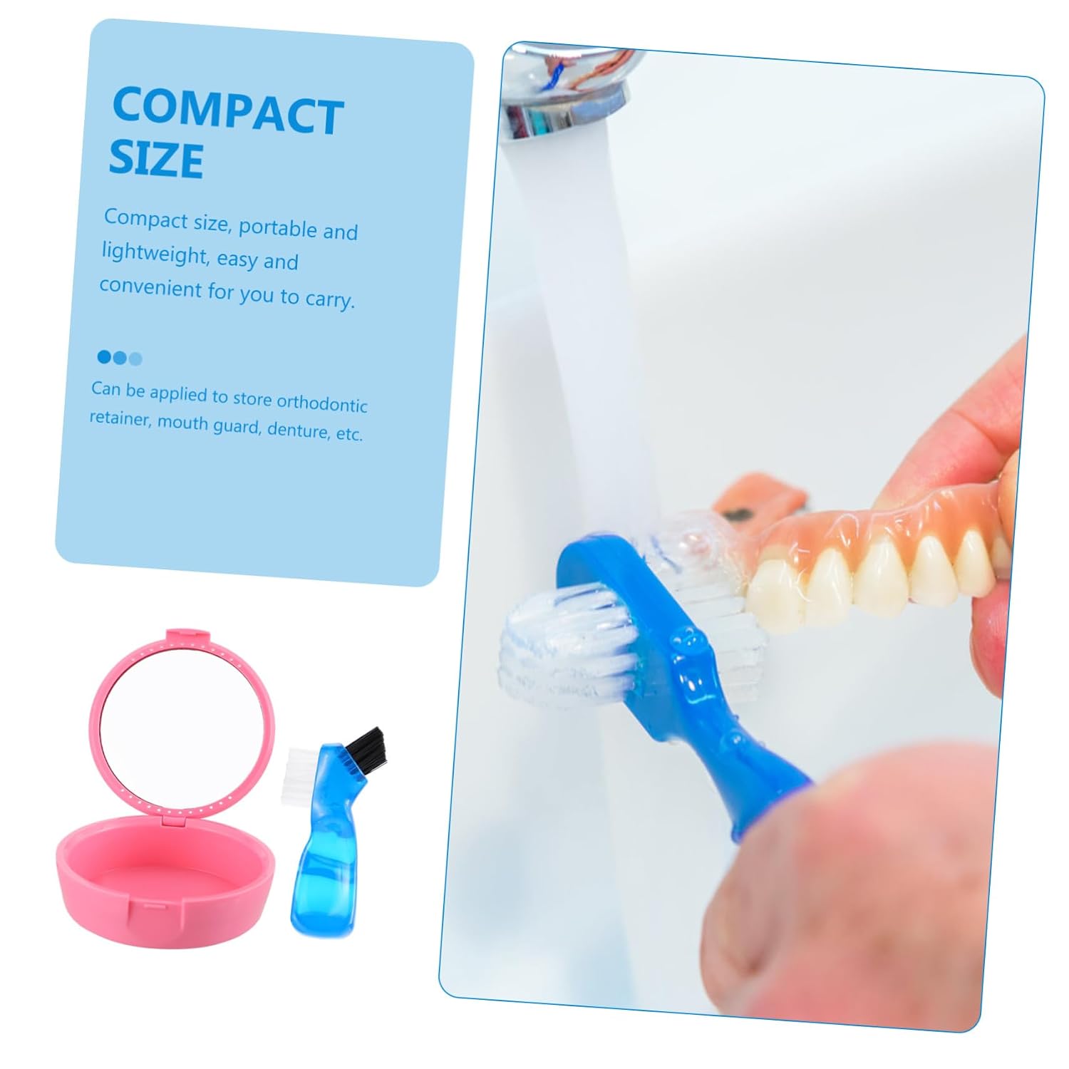1Set Portable Denture Holder with Cleaning Brush and Built Mirror Compact and Lightweight Denture Box for Easy Storage and Maintenance of Full and Partial Dentures