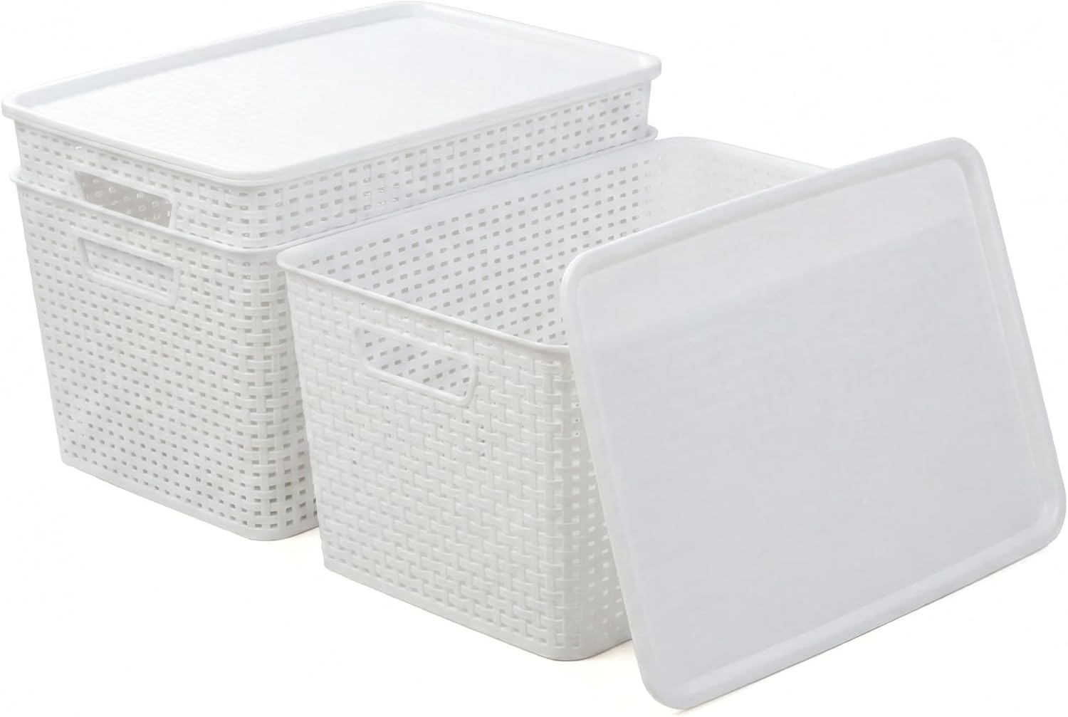 BINO | Plastic Storage Baskets with Lids, 22 Liter - 3 Pack, White | THE WOVEN COLLECTION | Storage Basket for Shelves | Woven Storage Baskets for Organizing Bins Pantry Shelf Organizer Container Bin